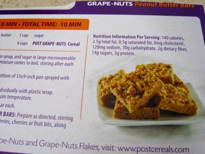 Grape Nuts Peanut Butter Bars